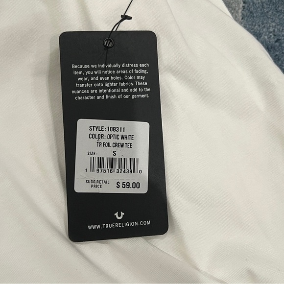 True Religion Men's Small Gold Metallic Foil Classic Logo Tee T-Shirt White - Picture 7 of 9